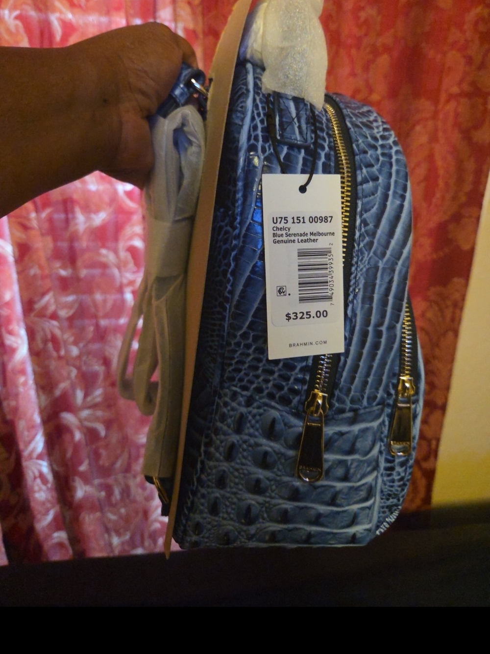 Brahmin Blue Croc-Embossed Leather Backpack with Gold Hardware